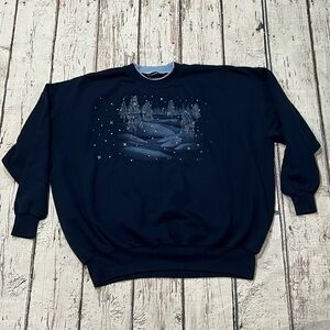 Vintage 90s Landscape Outdoor Winter 1990s Blue Crewneck Sweatshirt